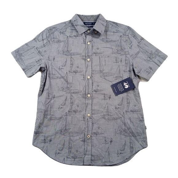 Nautica Chambray Shirt Mens Small‎ Ensign Blue Printed Short Sleeve Classic Fit - Picture 1 of 8